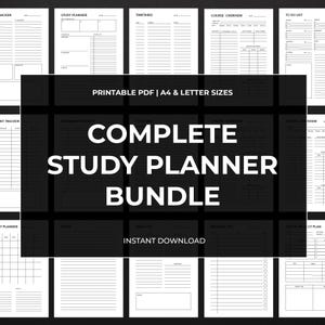 Peut inclure: Un ensemble complet de planificateurs d'études au format PDF, disponible en tailles A4 et Lettre. L'image présente diverses pages de planification, notamment un emploi du temps, une liste de tâches et un suivi des devoirs. Le texte "COMPLETE STUDY PLANNER BUNDLE" est affiché.