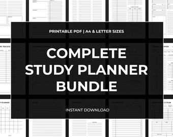Peut inclure: Un ensemble complet de planificateurs d'études au format PDF, disponible en tailles A4 et Lettre. L'image présente diverses pages de planification, notamment un emploi du temps, une liste de tâches et un suivi des devoirs. Le texte "COMPLETE STUDY PLANNER BUNDLE" est affiché.