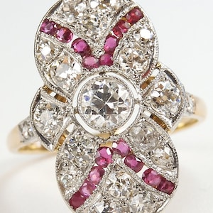 Antique 1920's French Diamond Ruby Engagement Ring Platinum 18K Yellow Gold Size 6.25 UK-M EGL USA Conflict Free Diamonds
