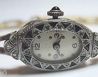 Antique Art Deco 1920's Diamond Synthetic Sapphire Platinum Yellow Gold Women's Wrist Watch