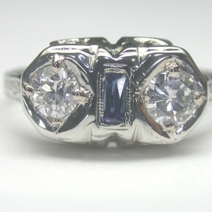 Antique Art Deco Diamond Ring Circa 1930&#39;s .50 Carat Total Weight Sapphire White Gold Filigree Engagement Ring Size 6 Anniversary White Gold