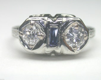 Antique Deco Diamond Ring .50 Carat Total Weight Sapphire White Gold Filigree Engagement Ring Size 6 Anniversary White Gold re-460