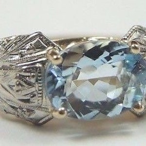 Anillo de compromiso antiguo vintage con aguamarina de 18 quilates, dos tonos, talla 5,5 UK-K1/2 / RE-924