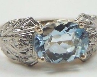 Antique Vintage Aquamarine Engagement Ring 18K Two Tone Ring Size 5.5 UK-K1/2 | RE-924