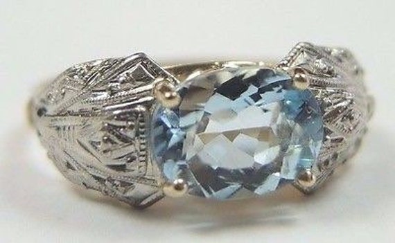 Antique Vintage Aquamarine Engagement Ring 18K Two