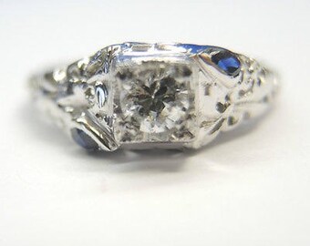 Antique Diamond Sapphire White Gold Engagement Ring | RE :508