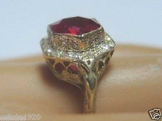 Antique Synthetic Ruby Yellow Gold Art Deco Engag… - image 3