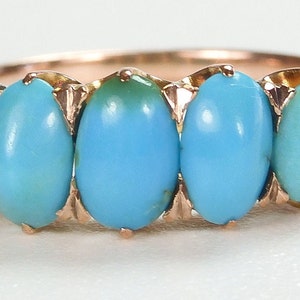 Victorian Art Deco Oval 5 Stone Turquoise 10K Rose Gold Ring Size 6.25 UK-M Circa 1910&#39;s Fine RE-1297