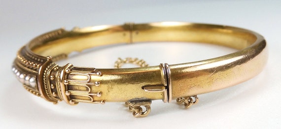 Antique Victorian Pearl Bangle Bracelet 16K/14K Y… - image 6