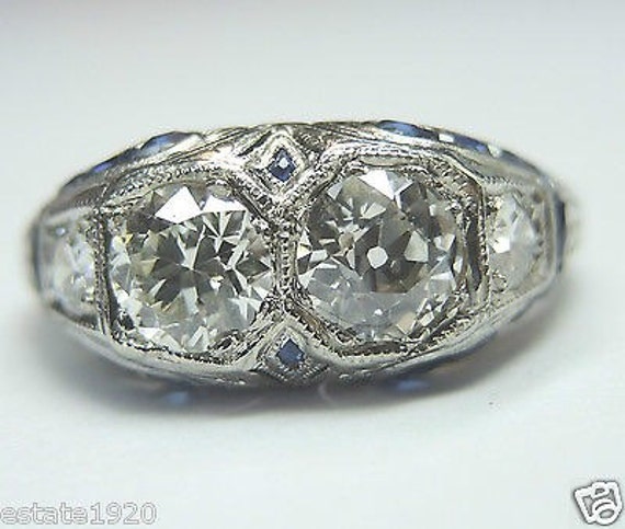 Antique European Diamond Sapphire Platinum Engage… - image 1