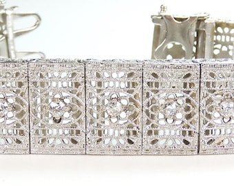 Antique Art Deco European Filigree Bracelet Platinum 14KW 8.25" EGL USA Appraisal Width .569" Circa 1920's Conflict Free Diamonds