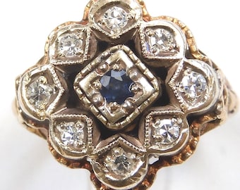 Victorian 1900's Sapphire Diamond Engagement Ring 14K/Silver Size 5.25 UK-K Art Deco RE-1368