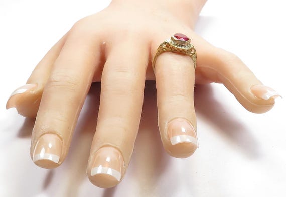 Antique Synthetic Ruby Diamond 14K Yellow Gold Ar… - image 5