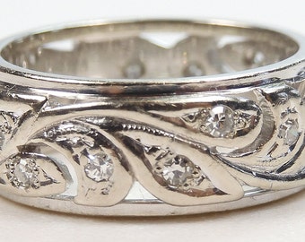 Antique Art Deco Vintage Eternity Wedding Band 14KW Ring Size 4.25 UK-H1/2 EGL USA Conflict Free Diamonds rget-142