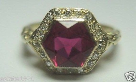 Antique Synthetic Ruby Yellow Gold Art Deco Engag… - image 1