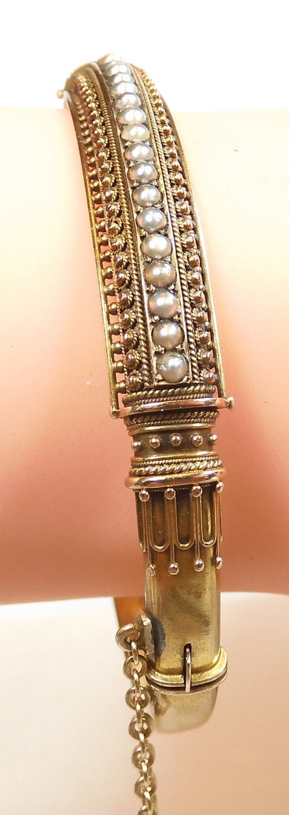 Antique Victorian Pearl Bangle Bracelet 16K/14K Y… - image 7