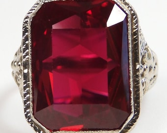 Antique Art Deco Vintage Synthetic Ruby 14K White Gold Filigree Engagement/Right Hand Ring Size 4.75 UK-J