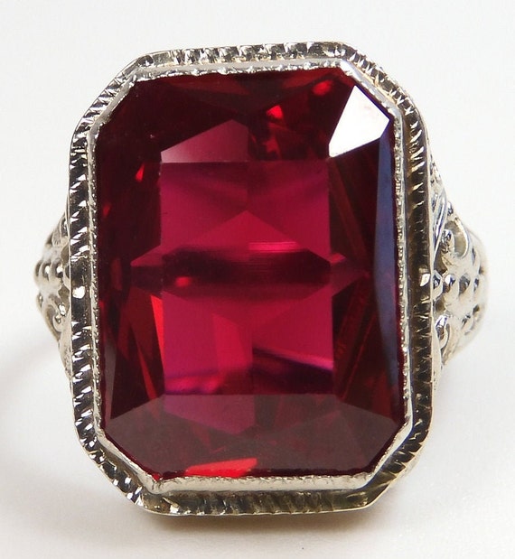 Antique Art Deco Vintage Synthetic Ruby 14K White… - image 1