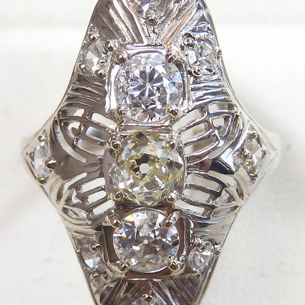 Antique Art Deco Vintage Engagement Dinner 18K White Ring Sz 6.5 UK-M1/2 EGL USA re-1202