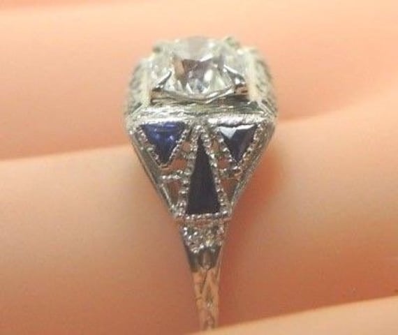 Antique Art Deco Vintage Diamond Sapphire 18K Whi… - image 5