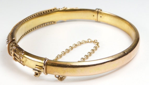 Antique Victorian Pearl Bangle Bracelet 16K/14K Y… - image 4