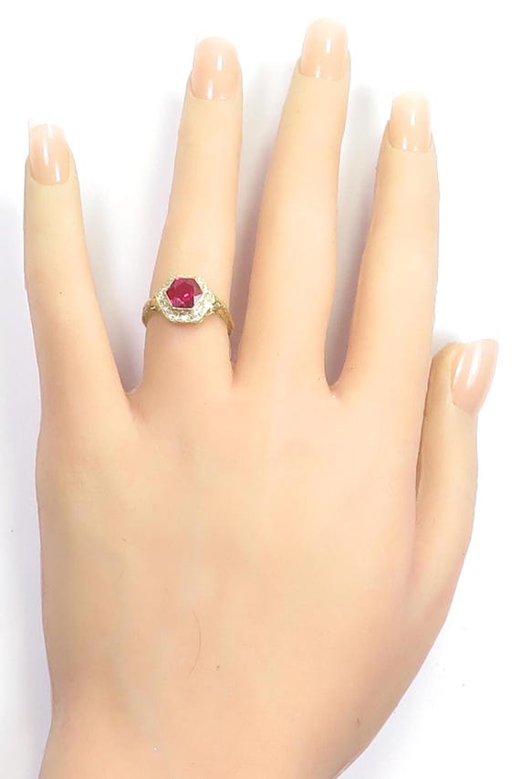 Antique Synthetic Ruby Diamond 14K Yellow Gold Ar… - image 2