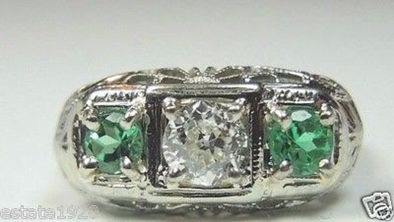 Antique Emerald White Gold Diamond Engagement Ring RE 873 - Etsy
