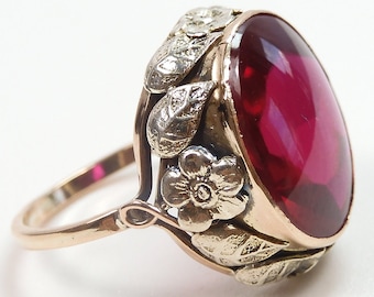 Antique Art Deco Vintage Synthetic Ruby 14K Rose And White Gold Ring Size 4.25 UK-H1/2