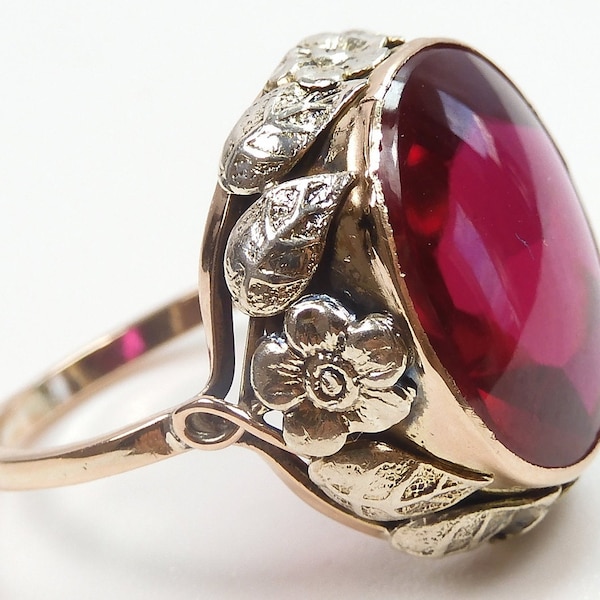 Antique Art Deco Vintage Synthetic Ruby 14K Rose And White Gold Ring Size 4.25 UK-H1/2