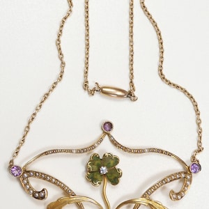 Antique Art Nouveau 1900&#39;S Diamond Pearl Enamel Necklace 17 1/2&quot; 14K Yellow Gold