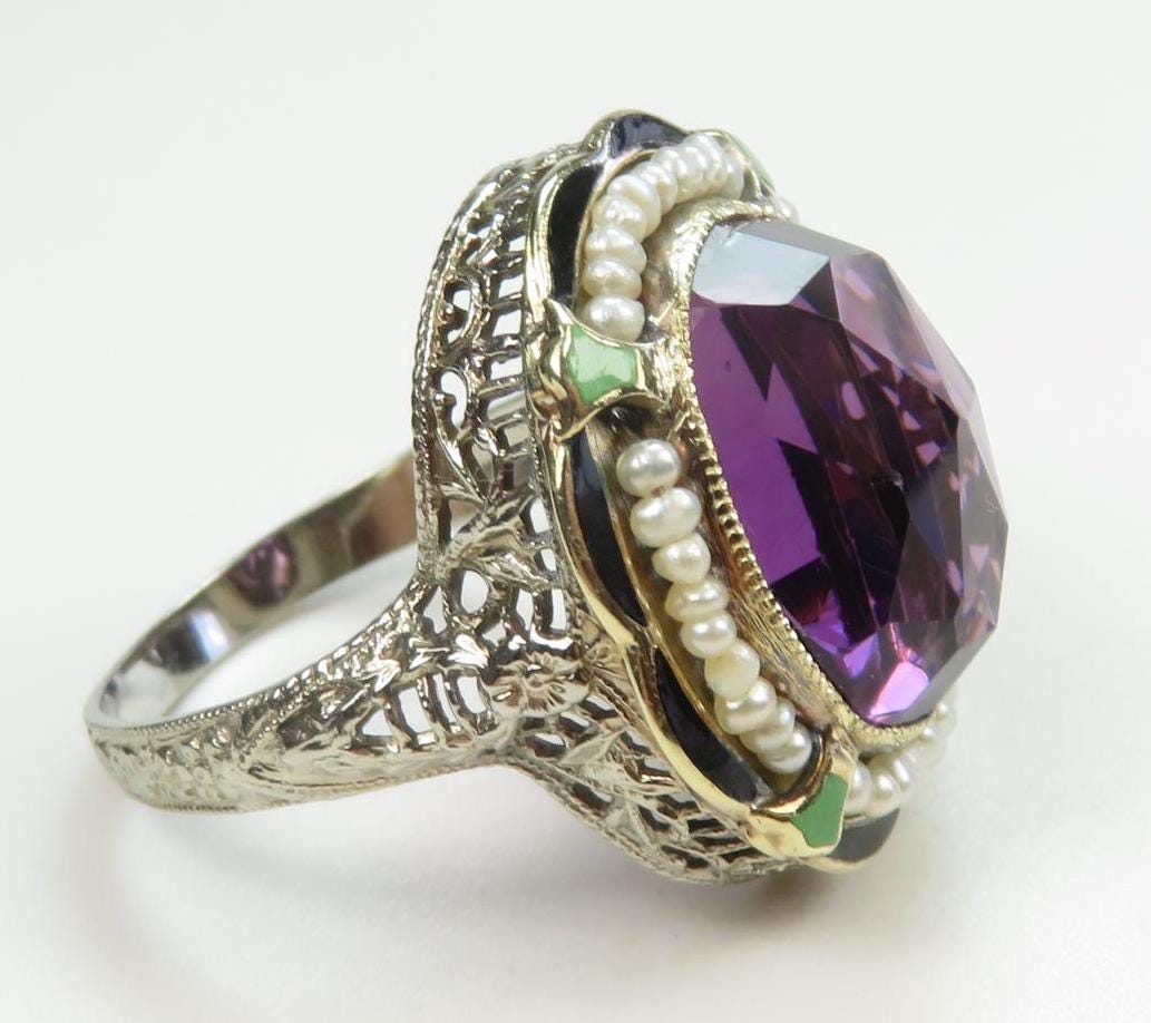 Bague Ancienne Art Déco Années 1920 En Or Blanc 14K Et Améthyste - Taille 5 UK, Excellent état