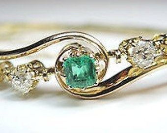 Antique Art Deco Vintage Estate Retro Colombian Muzo Natural Emerald Diamond 18K Rose Gold Bangle Bracelet Bridal Anniversary 6.25" IC