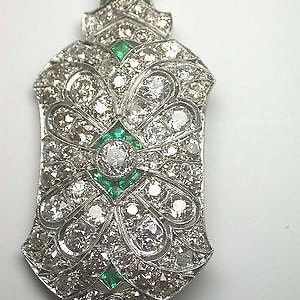Arte antiguo Deco Vintage Diamante Europeo Esmeralda Platino Filigrana Broche /Colgante EGL EE.UU. Gem ID Card Appraisal 8.20 Quit Peso total