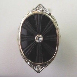 Antique Art Deco Vintage Black Onyx Diamond 14K Yellow Rose White Gold Size 5.75 | RE-1072