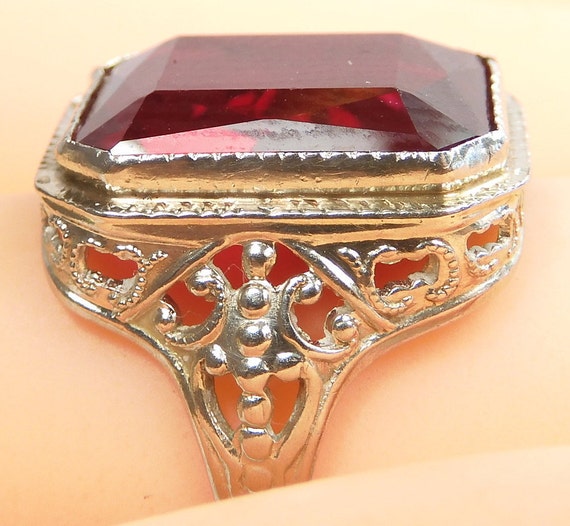 Antique Art Deco Vintage Synthetic Ruby 14K White… - image 5