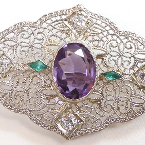 Antique Art Deco Vintage Amethyst Diamond Filigree Bar Pin 14K White Gold 3.5TW