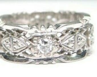 Antik Art Deco-vigselring med diamanter och allians, 14 karat vitt guld | RGET ~ 209