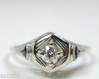Antique Diamond Sapphire White Gold Art Deco Engagement Ring | RE-854
