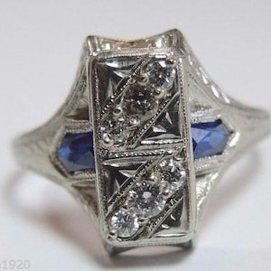 Antico diamante oro bianco zaffiro Art Deco anello di fidanzamento