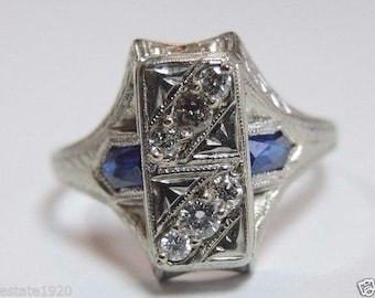 Antique Diamond Sapphire White Gold Art Deco Engagement Ring