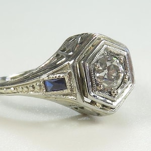 Antique 1920's Diamond Filigree Engagement 17K White Gold Ring Size 4 UK-H Deco RE-1448