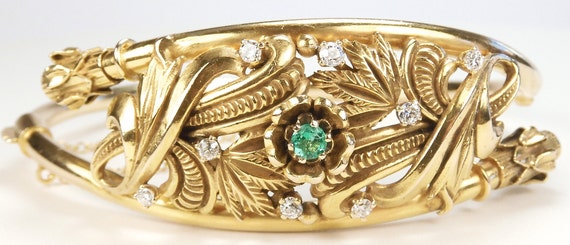 Antique Art Deco Colombian Emerald Diamond Bangle… - image 1