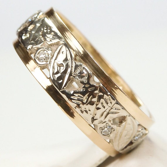 Antique Vintage Estate Unisex Wedding Band 14KW+Y… - image 4