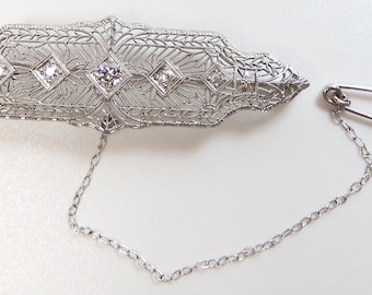 Antique Vintage Art Deco Diamond Brooch Pin 14K White Gold EGL USA Filigree Fine