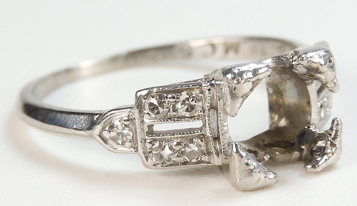 Antique 1920 Engagement Wedding Mounting Setting Hold 6.5 MM Ring Size 6.25 UK-M Platinum Conflict Free Diamonds Art Deco ES-170
