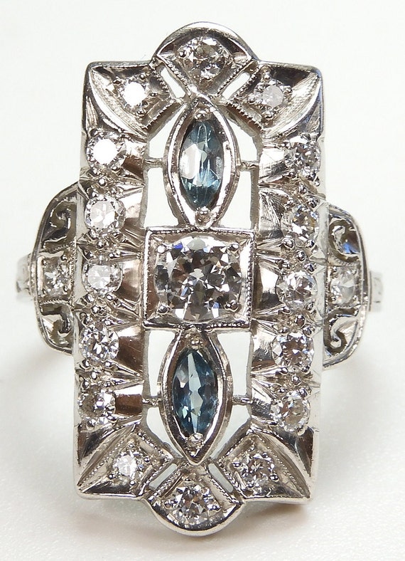 Antique Art Deco Diamond & Aquamarine Engagement/… - image 1