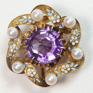 Antique 18K Yellow Art Deco Natural Hexagon Amethyst & Pearl Enamel Pin Brooch Circa 1920&#39;s