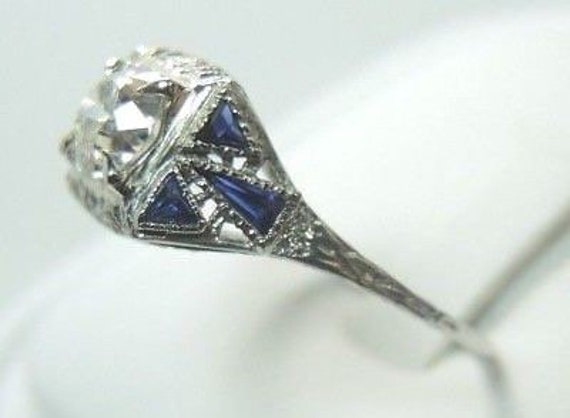Antique Art Deco Vintage Diamond Sapphire 18K Whi… - image 4