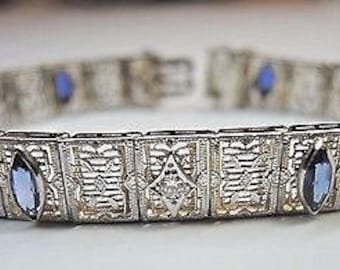 Antique Art Deco Natural European Diamond Synthetic Marquise Sapphire 14K  White Gold Filigree Bracelet Circa 1930's Conflict Free Diamonds
