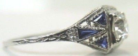 Antique Art Deco Vintage Diamond Sapphire 18K Whi… - image 3